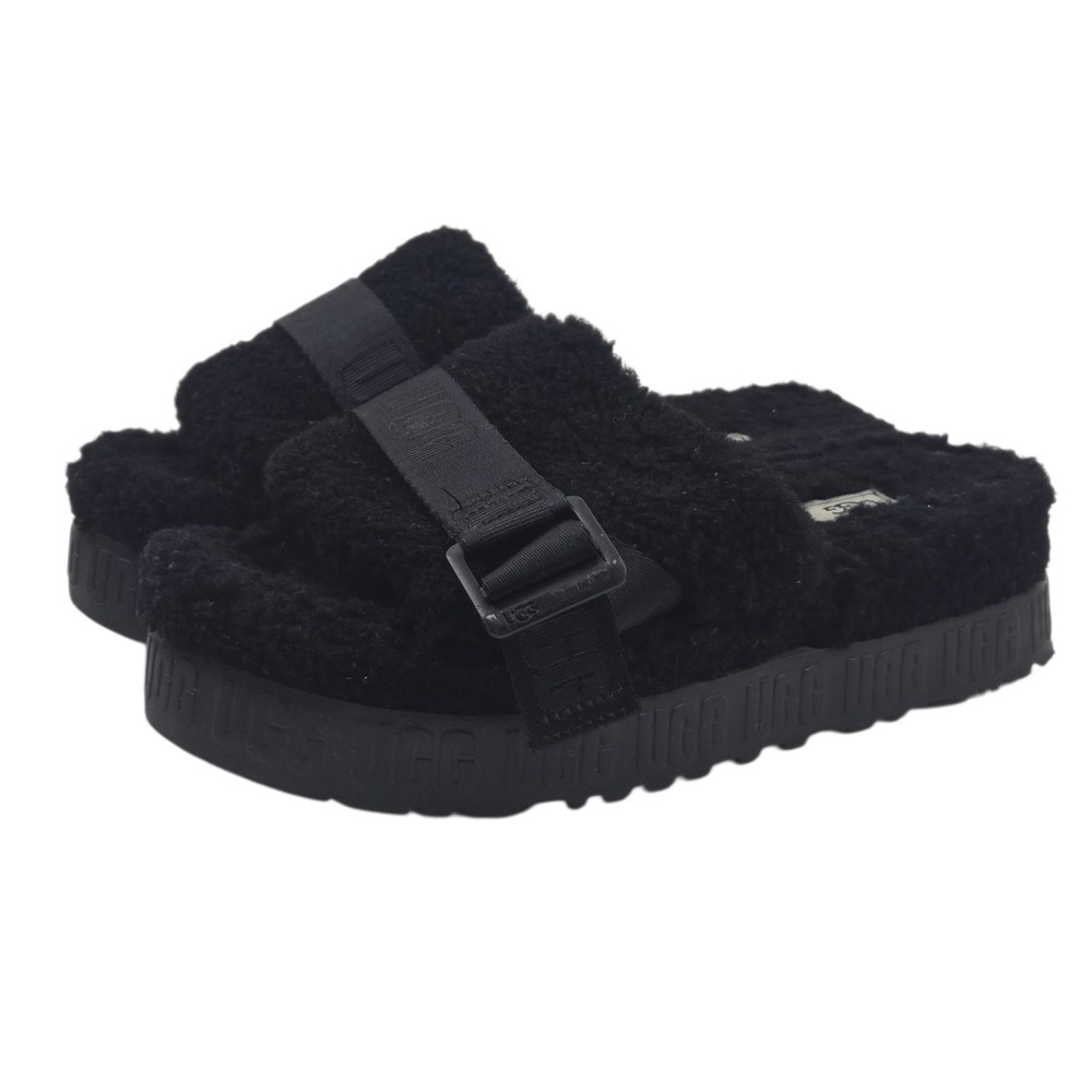 UGG Fluffita Platform Slides Buckle Strap Black Size 8 F27421 Shearling Slipper